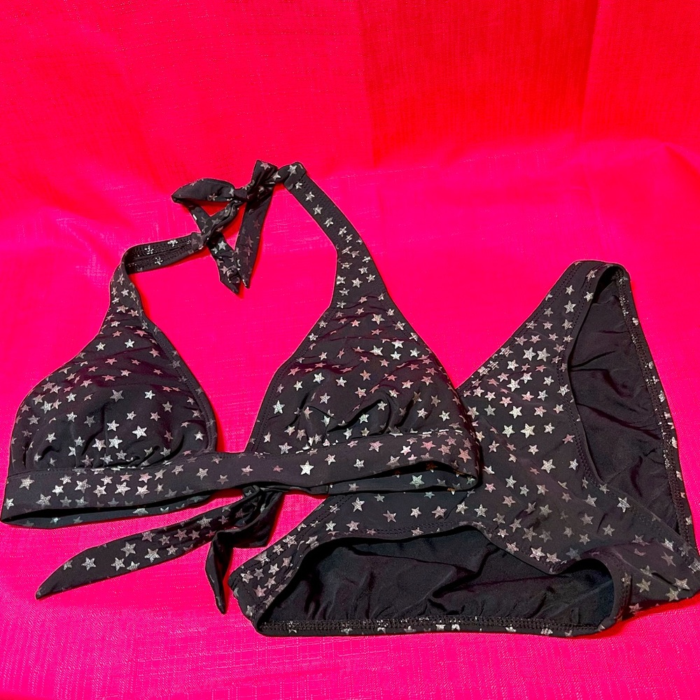 XHILARATION BLACK & SILVER STAR BIKINI SIZE S